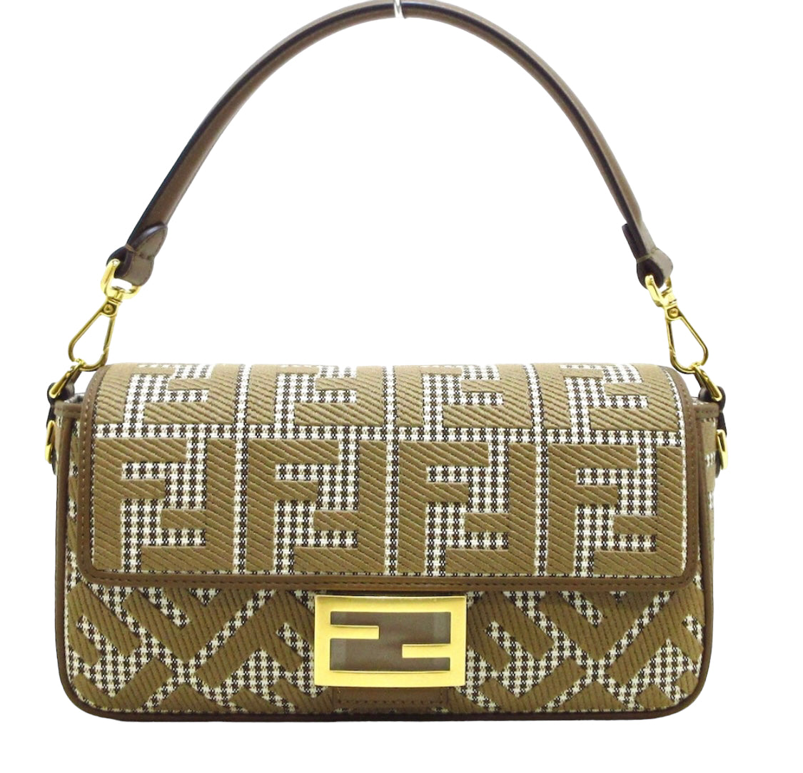 FENDI Baguette Brown houndstooth wool bag with FF embroidery